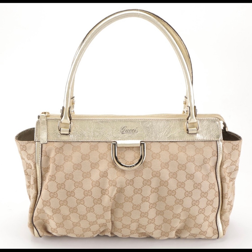 Gucci Abbey D-ring Tote in GG Canvas Gold Leather